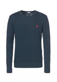 Maglione a costine blu navy con scollo rotondo, caratterizzato da un piccolo logo rosso sul petto e orli e polsini a costine, realizzato in un tessuto testurizzato.