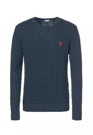 Maglione a costine blu navy con scollo rotondo, caratterizzato da un piccolo logo rosso sul petto e orli e polsini a costine, realizzato in un tessuto testurizzato.