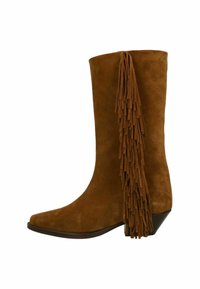 Braune Wildleder-Ankle-Boots mit einer tapered, quadratischen Spitze und einem blockigen Absatz. Verfügt über lange, geschichtete Fransenverzierungen auf der Rückseite.