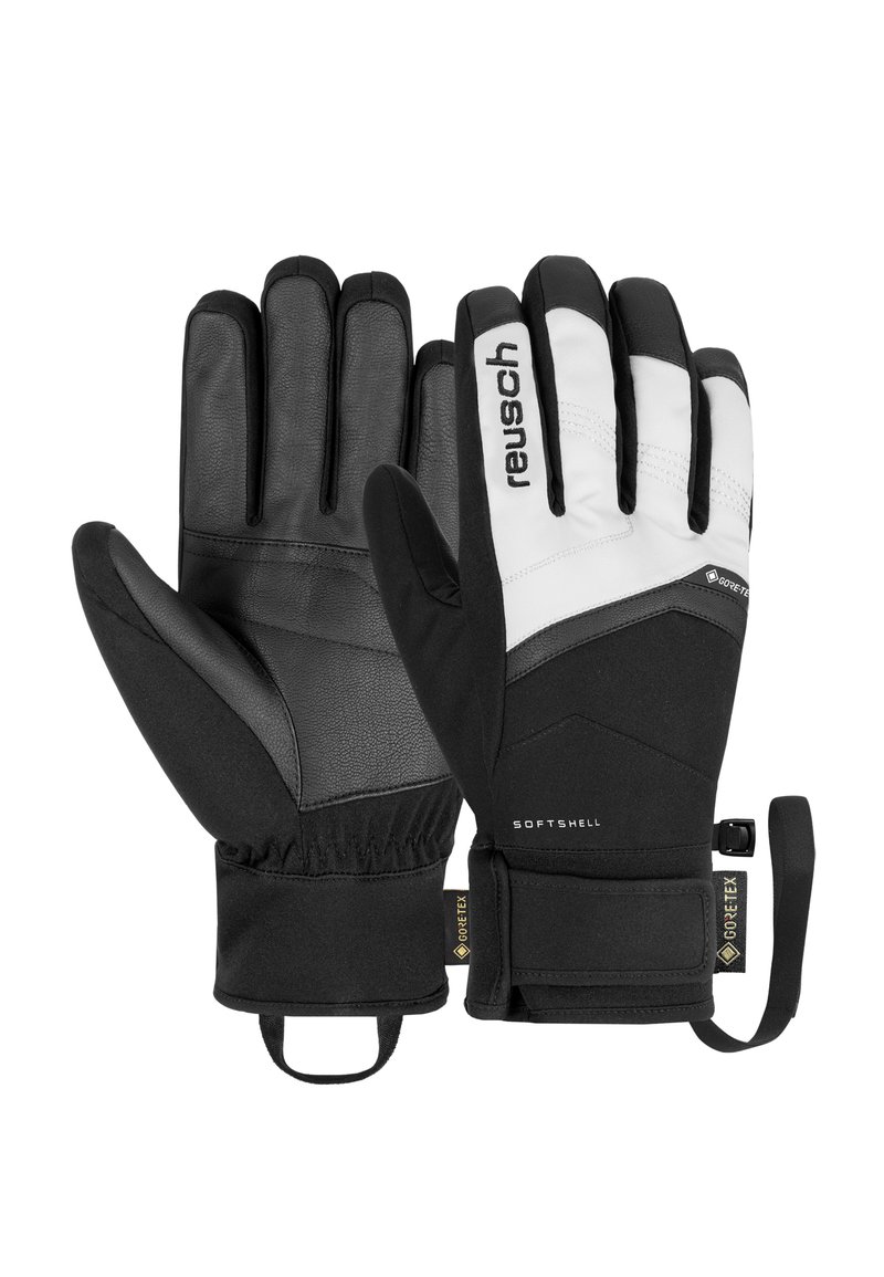 Pair of black and white Gore-Tex softshell gloves with Reusch logo, wrist loops, and adjustable Velcro straps.