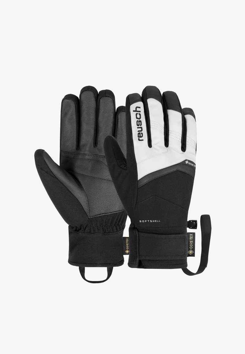 Une paire de gants softshell Gore-Tex noir et blanc avec le logo Reusch, des boucles pour les poignets et des sangles réglables en Velcro.