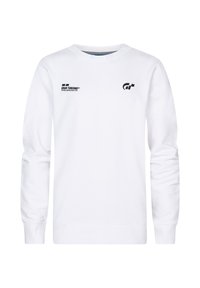 Sudadera blanca de manga larga, con cuello redondo, que presenta logotipos negros de "Gran Turismo" en el lado izquierdo del pecho y en la manga derecha. Textura suave.