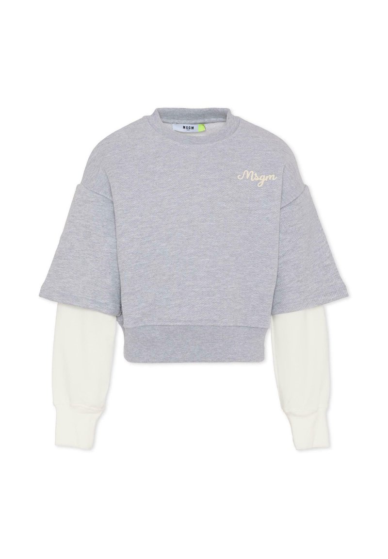 Skrojony szary sweatshirt z krótkimi rękawami, z białymi długimi rękawami pod spodem. Zawiera logo "Msgm" w kolorze kremowym na piersi.