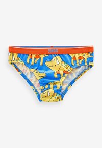 Børne svømmeunderbukser med en orange talje, der har en blå baggrund og mønstre af gule triceratops, glat tekstur og elastisk stræk.