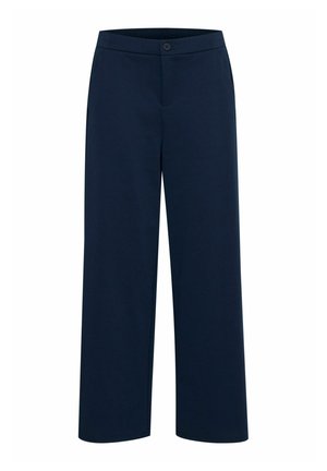 Pantaloni a gamba larga blu navy realizzati in tessuto morbido, con chiusura a bottone, tasche anteriori e una texture liscia.