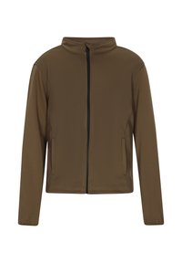 Bruine, lichte jas met een hoge kraag, frontale rits sluiting en twee zijzakken. Glad textuur met een eenvoudige uitstraling.