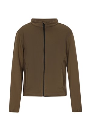 Rjava, lahka jakna z visokim ovratnikom, sprednjim zadrgo in dvema stranskima žepoma. Gladka tekstura s enostavnim dizajnom.