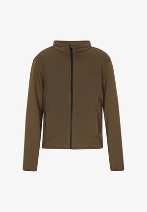 Rjava, lahka jakna z visokim ovratnikom, sprednjim zadrgo in dvema stranskima žepoma. Gladka tekstura s enostavnim dizajnom.