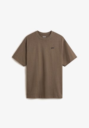 Brown cotton t-shirt featuring short sleeves, round neckline, and a small black logo on the left chest area. Simple design, casual fit.