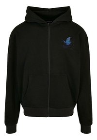Black zip-up hoodie made of cotton blend with a front pocket. Features a blue butterfly graphic on the chest area.