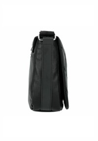 Borsa a tracolla in pelle nera con una forma rettangolare elegante, finitura texturizzata e tracolla regolabile con dettagli in metallo argentato.