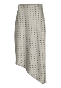 Asymmetrisk beiges kjole med sorte prikker, laget av glatt stoff. Har en buet nederkant og elastisk liv for en tettsittende look.