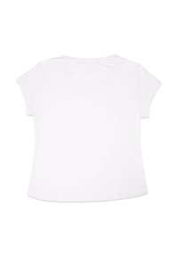 Biała koszulka z krótkim rękawem, z zaokrąglonym dołem i miękką, gładką teksturą. Prosty design bez widocznych wzorów czy akcentów.