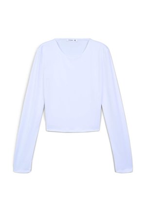 Biała bluzka z długim rękawem i krótkim krojem, wykonana z gładkiego materiału z okrągłym dekoltem. Charakteryzuje się miękką teksturą i dopasowanymi długimi rękawami.