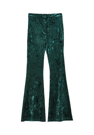 Pantaloni flare in velluto teal con una consistenza liscia. Presentano una vita e una leggera lucentezza, con un taglio flare classico dal ginocchio.