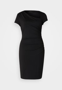 Czarna sukienka z krótkimi rękawami, asymetrycznym dekoltem i marszczeniem po boku. Wykonana z gładkiego, elastycznego materiału. Dopasowany krój.
