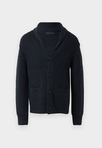 Tamno plavi pleteni kardigan s šalom, pet dugmadi i dva prednja džepa. Ima teksturiranu, rebrastu tkaninu.