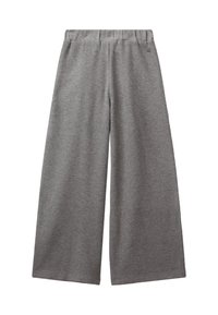 Grijze wijde broek van zacht materiaal, met een elastische tailleband en een subtiele textuur door het gehele stof.