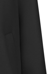 Schwarze Jacke mit einer glatten, matten Textur und einer seitlich integrierten Tasche im Design. Elegante und schlichte Silhouette.