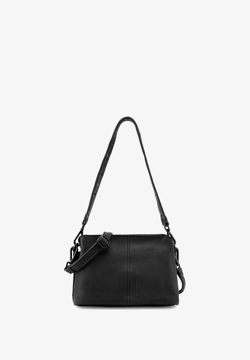 Black leather crossbody bag with a rectangular shape, adjustable strap, and a minimalist design. Features a smooth texture and subtle stitching.
