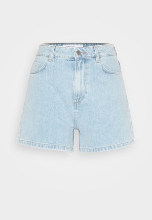 Light blue denim shorts with a high waist, five-pocket design, and frayed hem. The fabric features a smooth texture with subtle fading.