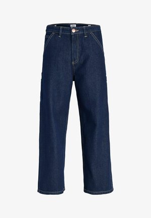 Jean denim droit bleu foncé avec poches avant, passants de ceinture et détails de couture visibles.