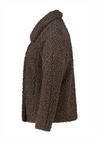 Bruine, pluizige fleece jack met een kraag, gestructureerd oppervlak en lange mouwen. Kenmerkt zich door een recht gesneden en open voorkant.