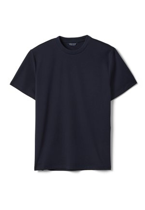 Effen donker marineblauw T-shirt met korte mouwen en ronde hals, plat neergelegd met voorkant zichtbaar op een witte achtergrond.