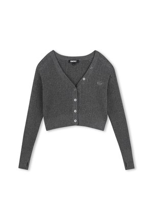 Cardigan court côtelé gris foncé avec col en V, manches longues, boutons sur le devant et petite broderie logo sur la poitrine gauche.