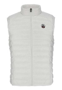Witte puffer vest met een hoge kraag, voorzien van een rits aan de voorkant en horizontale stiksels. Inclusief een logo-oproep op de linkerborst.