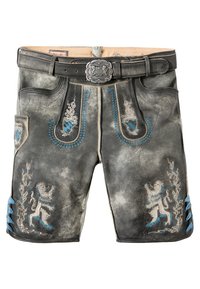 Schwarze Leder-Shorts mit blauen und beige Stickereien, die Löwenmotive und filigrane Nähte aufweisen. Enthält eine dekorative metallene Gürtelschnalle.