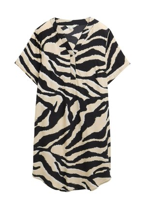 Rochie bej cu mânecă scurtă, cu un model de zebra alb-negru, având un decolteu în V și un tiv ușor curbat. Textură de țesătură ușoară.