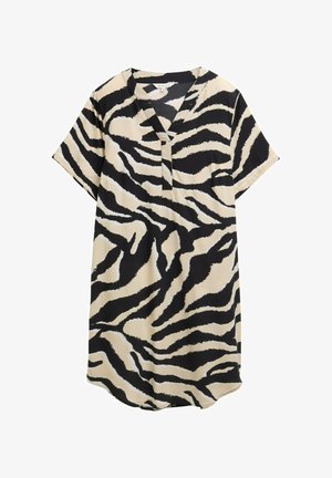 Lühikeste varrukatega beež kleit, millel on musta ja valge ülekaaluga zebra muster, V-kaelus ja veidi kõver töötlus. Kerge kangas.