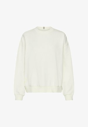 Prosty biały sweatshirt z okrągłym dekoltem, długimi rękawami, ściągaczami na mankietach i u dołu, na białym tle.