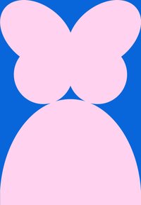 Absztrakt dizájn, amely egy nagy rózsaszín pillangóformát ábrázol sima rózsaszín ív felett, egy egységes kék háttérrel.