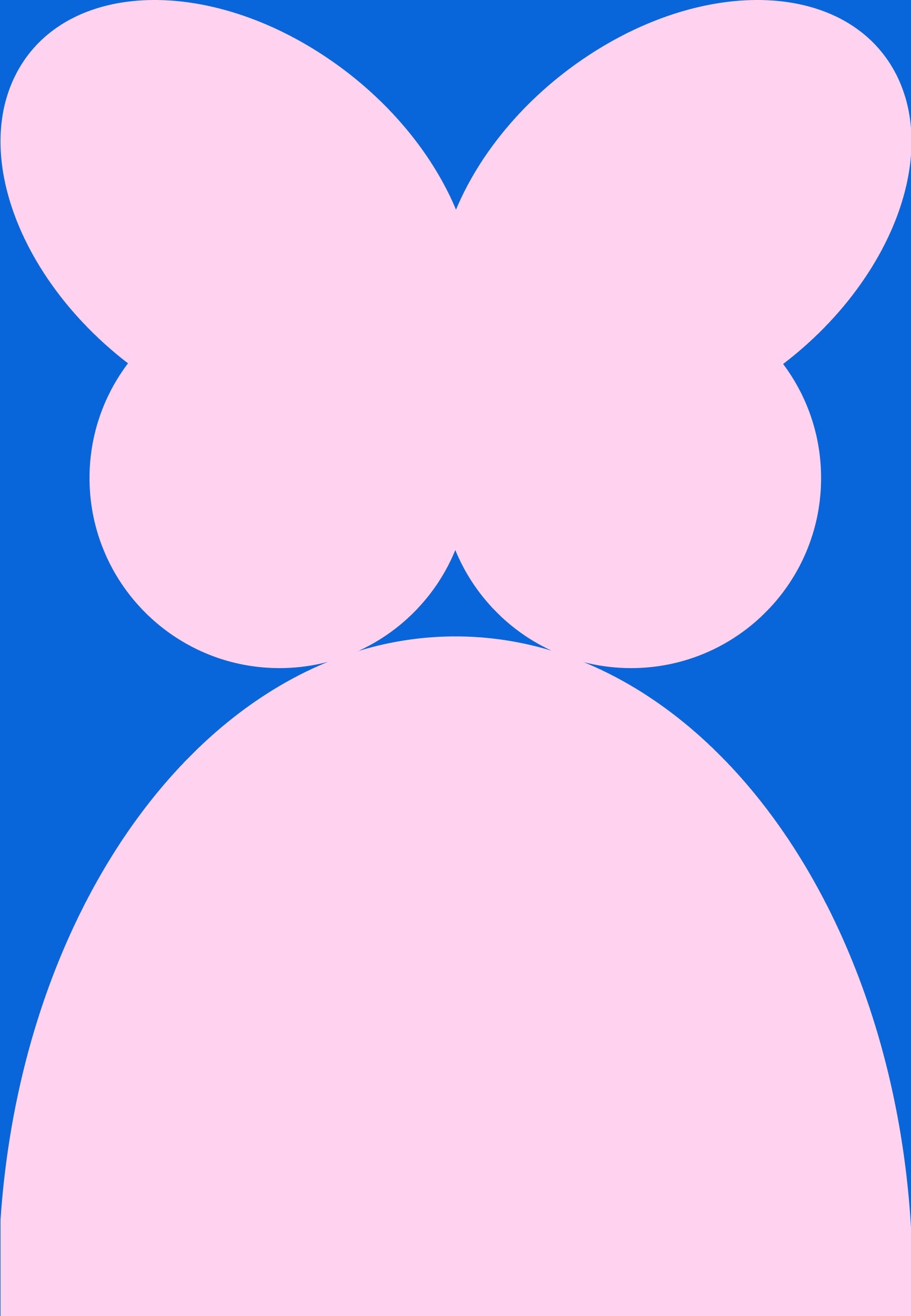 Abstrakt design med en stor rosa fjärilform ovanpå en slät rosa båge, mot en enfärgad blå bakgrund.