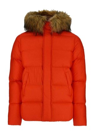 Chaqueta acolchada en un vibrante color naranja con capucha de pelaje sintético, que presenta un diseño acolchado, dos bolsillos laterales y un cierre delantero de cremallera.