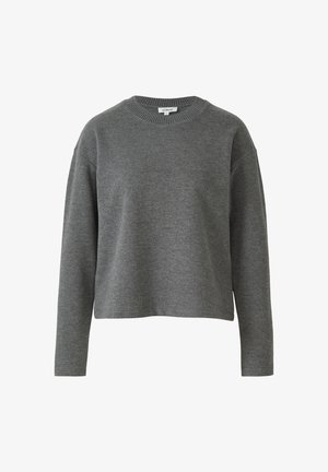 Pulover s dugim rukavima, okruglim izrezom, sivi pleteni džemper s rebrastim ovratnikom i lagano skraćenim donjim dijelom.