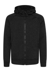 Black hoodie with zip front, drawstring hood, and side pockets. Made of textured fabric with a slightly heathered pattern and ribbed cuffs.