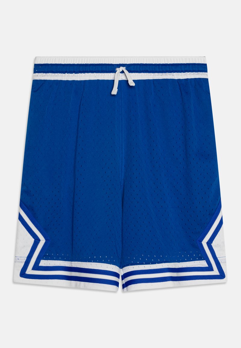 Blue mesh athletic shorts with a white elastic waistband and drawstring. Features white and blue accents with a star-shaped design on the hem.