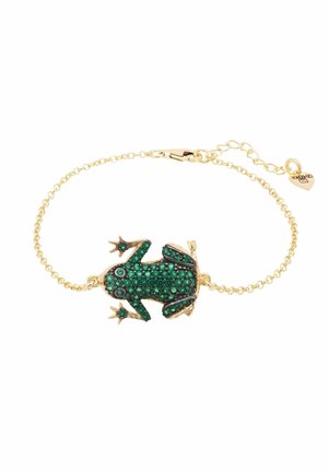 Gold-tone chain bracelet featuring a green frog centerpiece adorned with sparkling green stones and black accents, detailed with outstretched limbs.
