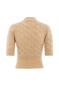 Beige kurzärmliger Strickpullover mit einem strukturierten Zopfmuster und einem gerippten Saum, sowie einem klassischen Kragendesign auf der Rückseite.