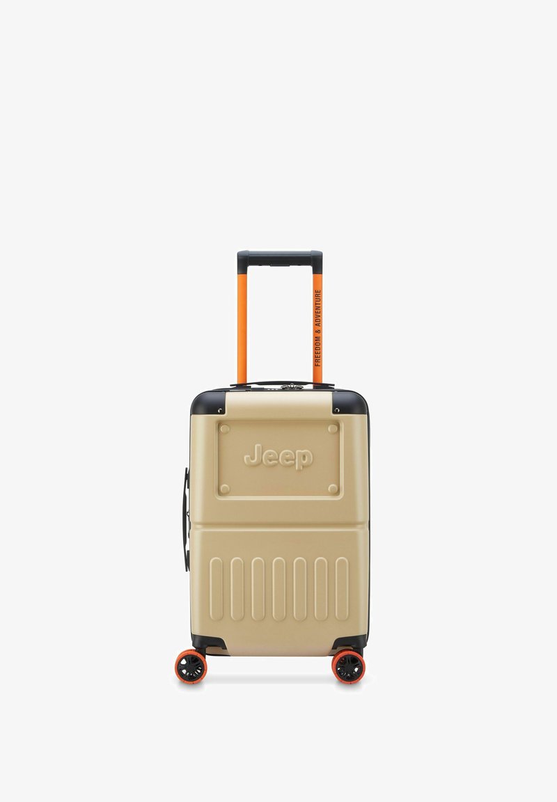 Valigia rigida beige con dettagli neri, manico retrattile arancione e quattro ruote. Presenta il logo "Jeep" e un design con scanalature visibili.