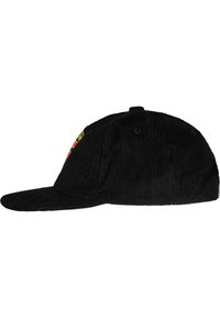 Schwarze Cordmutze mit einem gebogenen Schirm, die auf der Vorderseite farbenfrohe Stickdetails und durchgängige, strukturierte senkrechte Rippungen aufweist.