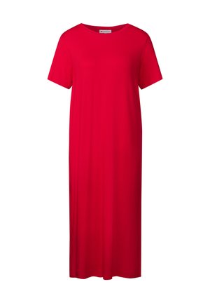 Vestito rosso a maniche corte con taglio dritto, realizzato in tessuto liscio. Presenta un collo a giro e arriva fino alla caviglia. Senza fantasie né dettagli.
