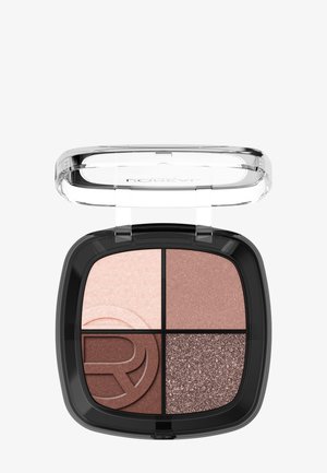 Palette compacte de fards à paupières avec quatre teintes neutres en finis mats et scintillants, logée dans un boîtier noir avec un couvercle transparent à charnière.