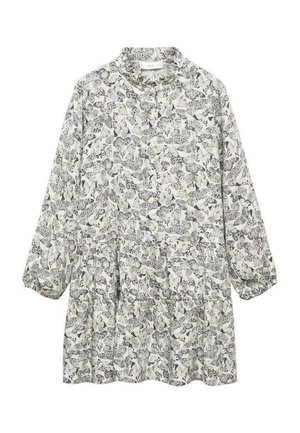 Robe à manches longues boutonnée, col montant et taille froncée, avec un imprimé papillons noir et blanc sur un tissu clair.