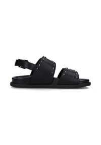 Sandal nera realizzata in materiale liscio, presenta due ampie cinghie con dettagli in perline argentate, design aperto sulla punta e una cinghia posteriore regolabile.