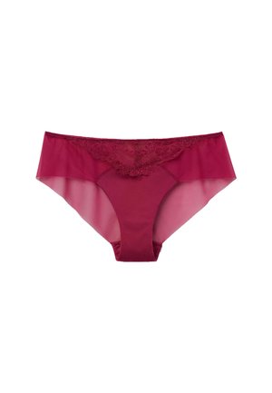 Bordeaux kant en mesh heupbroekjes met een bloemenkant rand aan de voorkant en een gladde achterkant voor een comfortabele pasvorm.