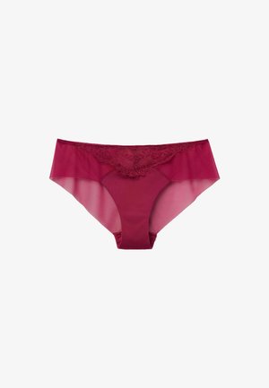 Burgunderfarbene Spitzen- und Netzhipster-Panties mit einem floralen Spitzenbesatz vorne und einem glatten Rücken für einen komfortablen Sitz.